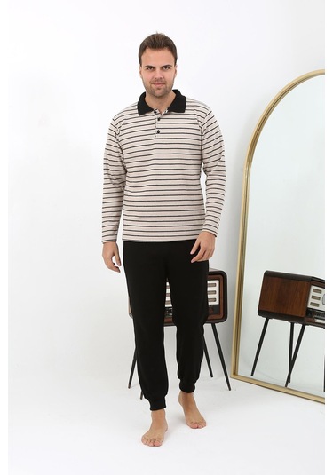 Akbeniz Erkek Polo Yaka Uzun Kol Penye Pijama Takımı 6862 Krem Krem