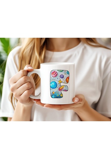 F Baş Harf Gezegen Desenli Kupa Bardak - Kişiye Özel Evren Temalı Kahve Çay Kupası - Gökyüzü Beyaz
