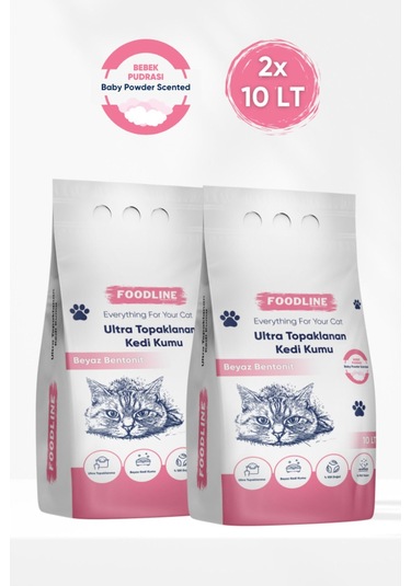Foodline Bebek Pudrası Kokulu İnce Taneli Bentonit Topaklaşan Kedi Kumu 2 x10 L
