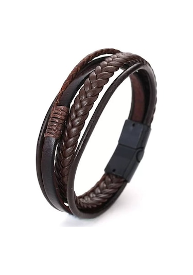 Erkek Hakiki Deri Bileklik Kahverengi Çelik Toka Bileklik Db5027 Kahverengi