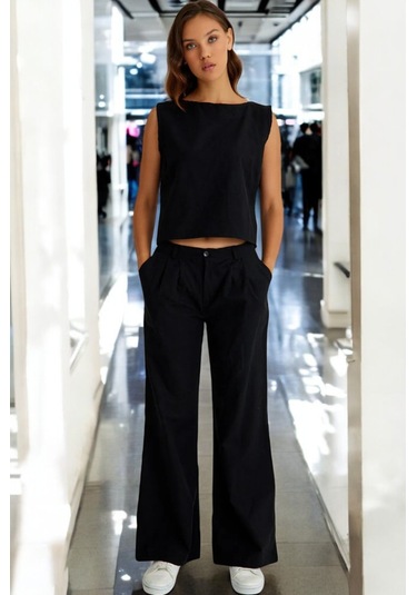 Yazlık Alt Üst Kolsuz Keten Takım siyah