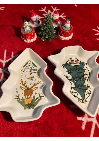 Yılbaşı Temalı 2'li Ağaç Tasarımlı Desenli Seramik Sunum Servis Tabağı 17x12 Cm Geyikli Ve Çam Ağaçlı