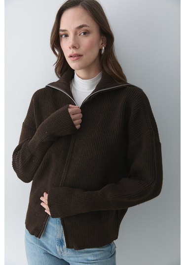 Kahverengi Çift Fermuarlı Hırka - 251080 Koyu Bej