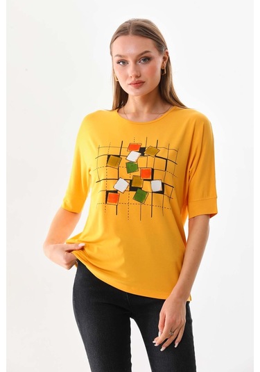 Sistas Kadın Kare Desenli Kısa Kol Bluz 23098 Sarı