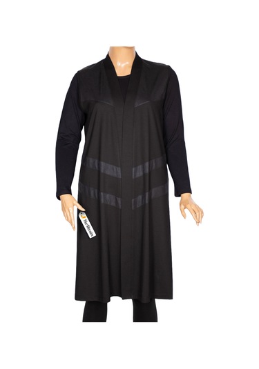 Hesna Kadın Arya Büyük Beden Verev Deri Kombinli Penye Siyah Yelek Siyah