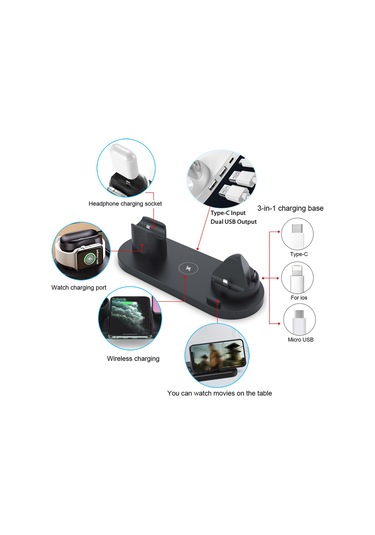 Kosona 15w Qi Hızlı Şarj, İos/android Uyumlu, Döner Tasarım, 6'lı Kablosuz Şarj Istasyonu Siyah