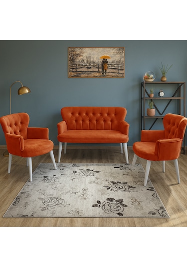 Roma Çay Seti Koltuk Takımı - Babyface Kumaş - Ahşap Ayak - Kiremit