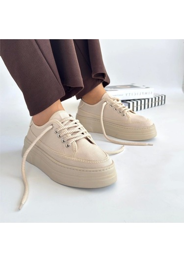 Carin Bej Keten Bağcıklı Spor Ayakkabı Bej