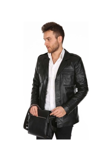 Hakiki Kuzu Derisi Siyah Gömlek Cep Düğmeli Erkek Deri Ceket Siyah