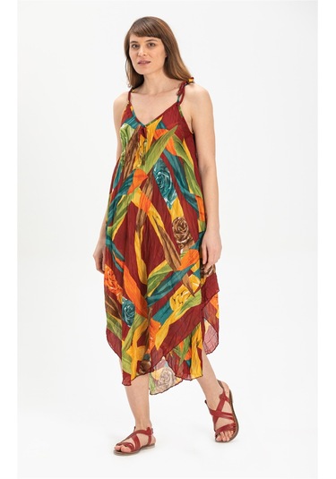 Askılı Vual Afrodit Midi Boy Elbise Bordo 6151