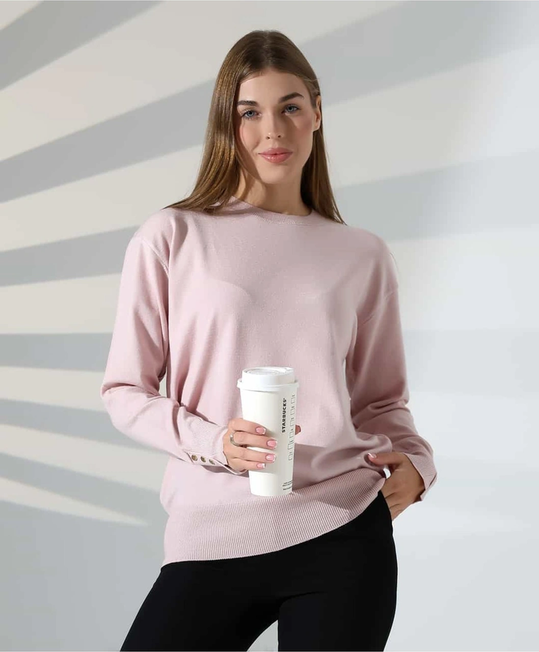 Gündelik Şıklık Kol Düğme Detay Triko Kazak Pembe