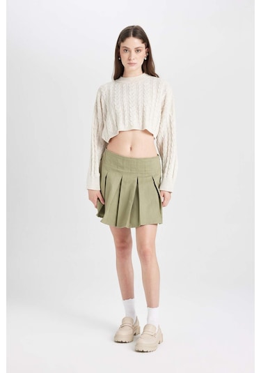 Defacto Coool Piliseli Normal Bel Basic Düz Gabardin Mini Etek D5265AX24AUKH461 Haki