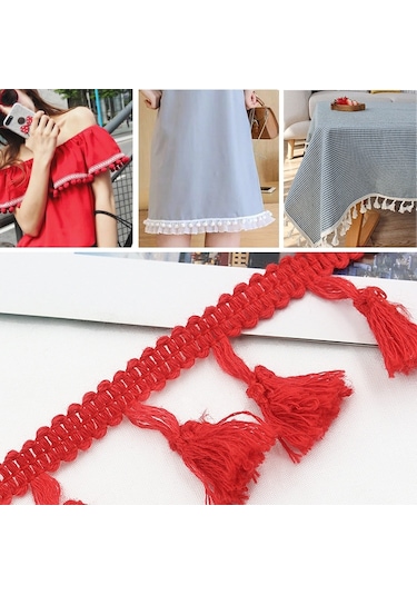 25 Metre 4.5 Cm Pamuk İplik Süpürge Dantel Kurdele Püskül Etnik Craft Dıy Perde Ev Dekoratif Giysi Dikiş Aksesuarları Kırmızı