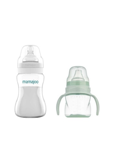 Mamajoo Antikolik Biberon 250 ml & Antikolik Akıtmaz Alıştırma Bardağı 160 ml – Powder Green