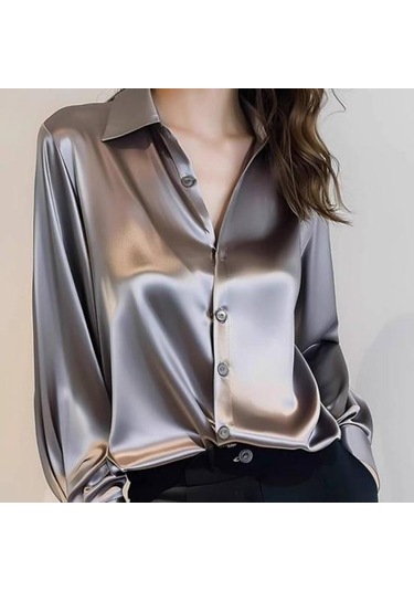 Kadın Gömlek Düz Renk Pürüzsüz Saten Uzun Kollu Yaka Rahat Üstler Tek Göğüslü Fransız Tarzı Ofis Gömlek Açık Yeşil