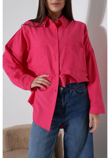 Yeni Sezon Poplin Kumaş Çift Cepli Oversize Pamuklu Kadın Tunik Gömlek Fuşya
