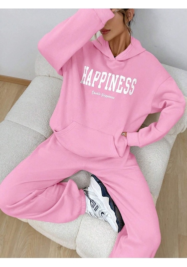 Happiness Eşofman Takımı Sweatshirt Jogger - Pembe Baskılı Oversize Şardonlu Kapüşonlu Pembe