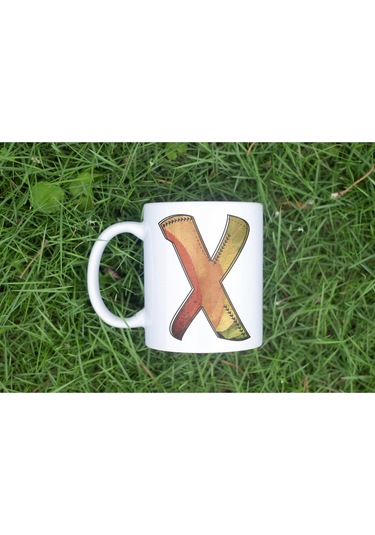 X Harf Yaprak Renkleri İle Kupa Bardak - Kişiye Özel Alfabe Harfli Bardak - Hediye Beyaz