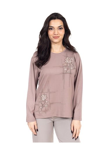 Yeni Sezon Kadın Orta Yaş Ve Üzeri Viskoz Kanaviçe İşlemeli Lüks Anne Penye Bluz 24311-vizon