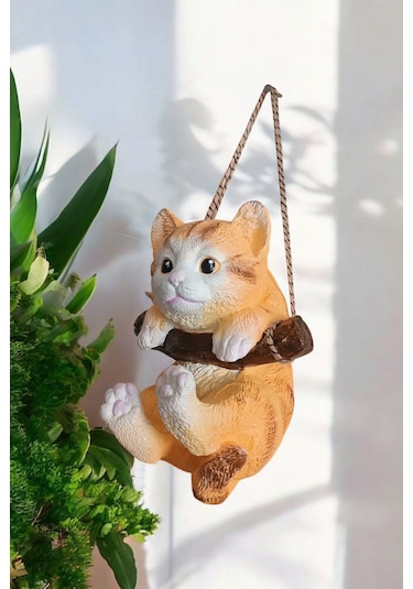 1 Adet Dekoratif Sallanan Duvar Ve Bahçe Süsü Kedi Sarı-beyaz