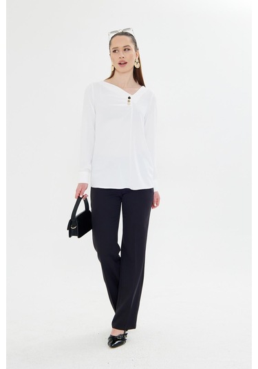 Yakası Pileli Ve Düğme Detaylı Gömlek Ekru Ekru