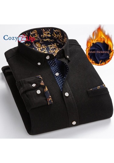Cosy Up Fitilli Kadife Sıcak Erkek Polar Gömlek Kış İçin Sıcak Gömlek Siyah