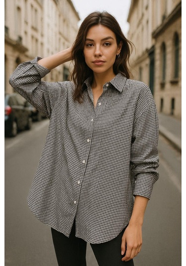 Kadın Siyah Beyaz Kareli Oversize Gömlek Relaxed Over Fit Ekoseli Gömlek Çok Renkli