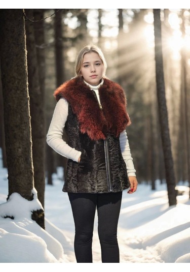 Kadın Kolsuz Hakiki Kürk - Siyah Bordo