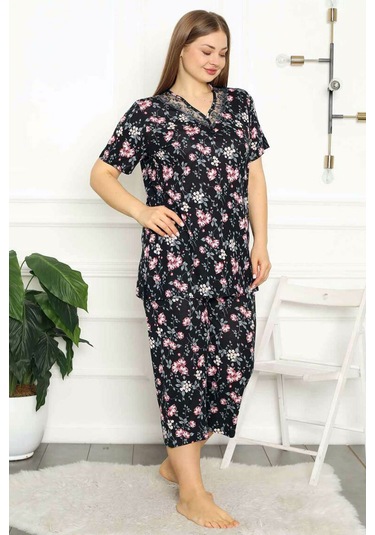 Alimer Kadın Siyah Büyük Beden Bermuda Viskon Pijama Takm 2708b-s Siyah