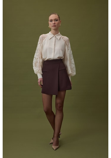 Sateen Talia Şort Etek - Kahve-137062 Kahve