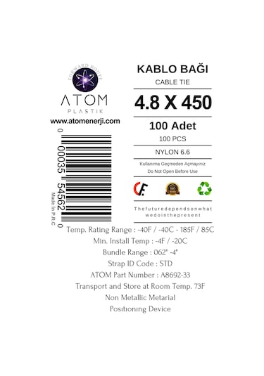 Kablo Bağı 4.8 X 450 Plastik Cırt Kelepçe Kablo Düzenleyici Cable Tie