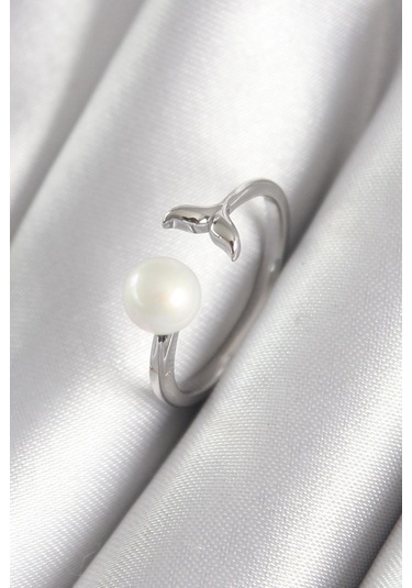 Pirinç Gümüş Renk Top İnci Figür Balık Kuyruğu Model Kadın Yüzük Gümüş