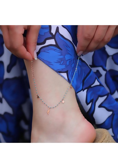 Mini Turkuaz Taşlı Figürlü Rose Gold Kaplama Gümüş Halhal Gümüş