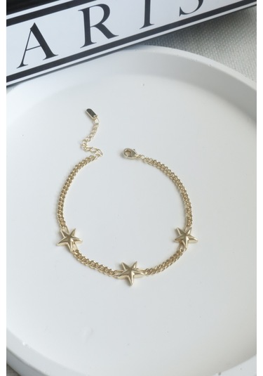 Kadın Bileklik Kararmaz 14k Altın Renk Vip Seri İthal Yıldızlı Klasik Zincir Bileklik Altın