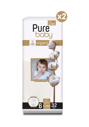 Pure Baby Organik Pamuklu Cırtlı Bez 2'li Paket 6 Numara Xlarge 64 Adet 2'li