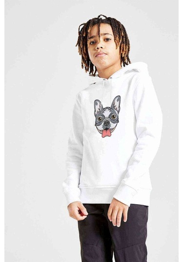 Dog Head Köpek Baskılı Unisex Çocuk Kapüşonlu Beyaz Sweatshirt (534751681) Beyaz