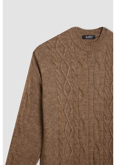 DeFacto Regular Fit Bisiklet Yaka Saç Örüg Desenli Basic Düz Uzun Kollu Maxi Triko Elbise Y2073AZ24WNBN551 Kahve