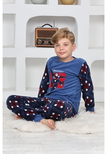 Yeni Sezon Sonbahar/kış Erkek Çocuk Skate 8 Desenli Polar Pijama Takımı 4536 Mavi