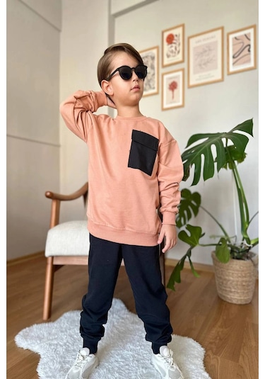 Cep Detaylı Erkek Çocuk Soft Turuncu Renk Eşofman Takım Turuncu