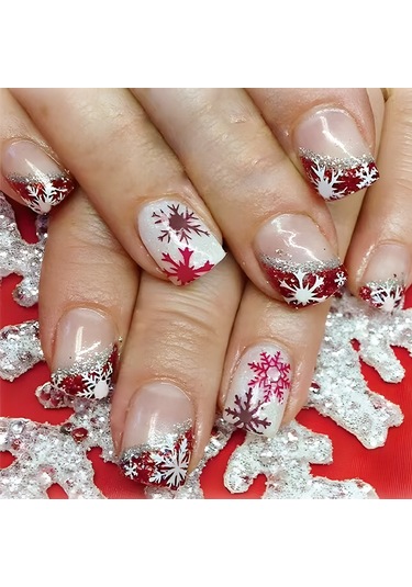Kısa Parlak Kare Tırnaklar Yeni Noel Kırmızı Ve Beyaz Degrade Simli Şeritler Çıkarılabilir Giyilebilir Tırnak Sanatı 24 Parça Dahil Araçlar Ys424