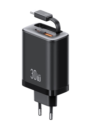 Usams Cc296 30w Hızlı Şarj Cihazı Ab Tak Telefon Adaptörü, Tip-c Geri Çekilebilir Kablo Siyah