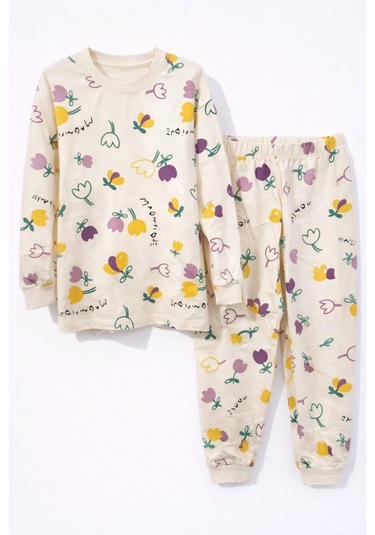 Lale Desenli Kız Çocuk Pijama Takımı Beyaz
