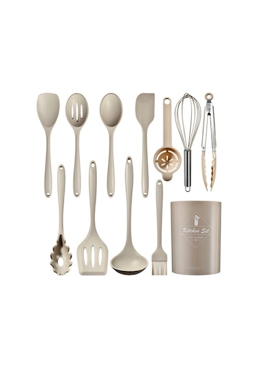 Fochsia 12 Parça Saklama Kovalı Silikon Mutfak Seti - Isıya Dayanıklı Çırpıcı Ve Spatula Haki