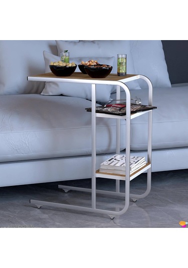 Modilayn C Yan Sehpa Dar Boy Tekerlekli Çalışma, Atıştırmalık, Yemek, Laptop Sehpası Meşe Ceviz