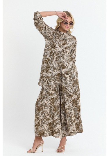 Schık Kadın Viskon Rahat Bol Paça Truvakar Kol Önü Düğmeli Baskılı Takım Kahverengi