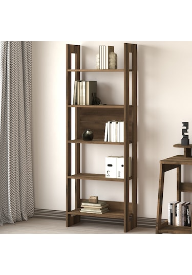 Country Dekoratif 5 Raflı Ev-ofis Kitaplık, Modern Kütüphane - Antik Ceviz