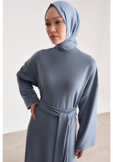 Armine Örme Beli Çift Bağlamalı Elbise Ort9727 İndigo Mavi