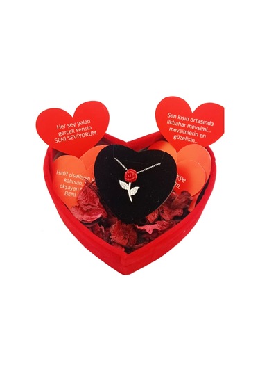 Pigado 925 Ayar Gümüş Kalpli Özel Kadife Kutusunda Gül Kolye Gümüş