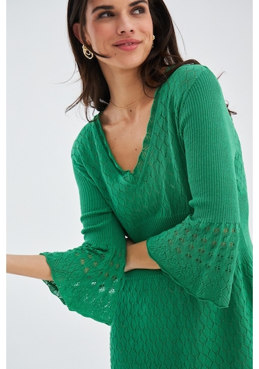 Peraluna YOHO DRESS Ajurlu V Yaka Diz Hizası Yazlık Kadın Triko E