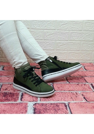 Voyager 8498 Kadın Haki Yeşil Hakiki Deri Kaymaz Taban Fermuarlı